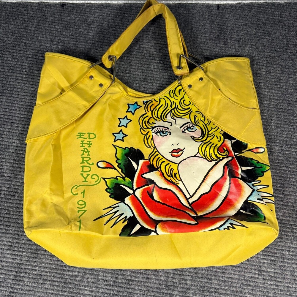 Vtg Ed Hardy Tote Bag Womens Large Yellow Fair Tattoo Art Rose Graphic